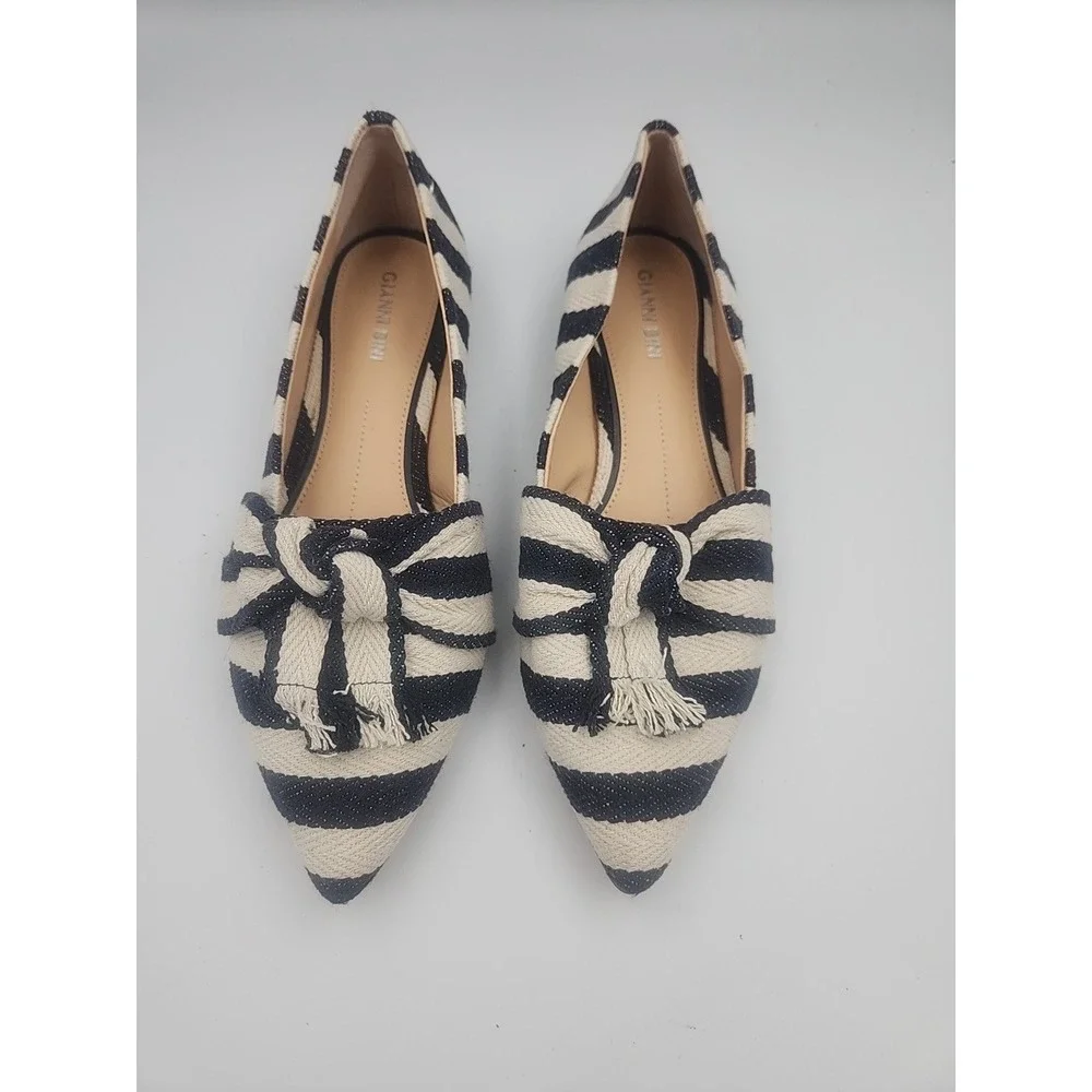 Gianni Bini Navy White Tan Striped Canvas Buckle Slip-On Flats Women's Shoes‎ 8